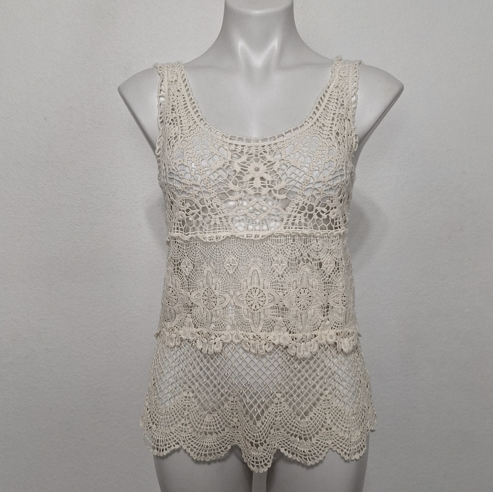 American Eagle Outfitters Cream Bohemian Coastal Coquette Crochet Knit Top Sz. M